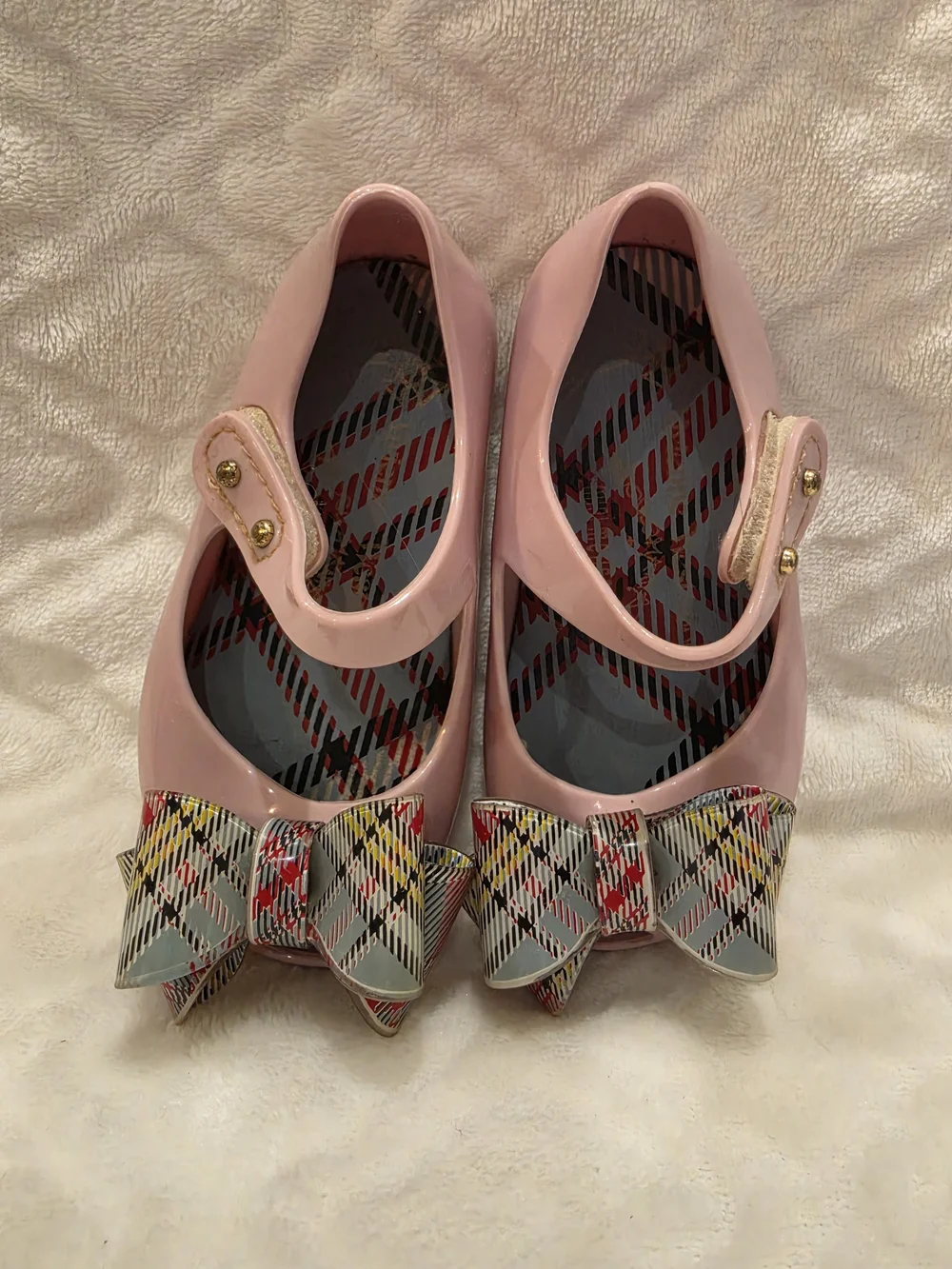 Mini Melissa Kids Sz 6 Toddler. Pre-loved. Pink w/Plaid Bow Mary Jane Flats